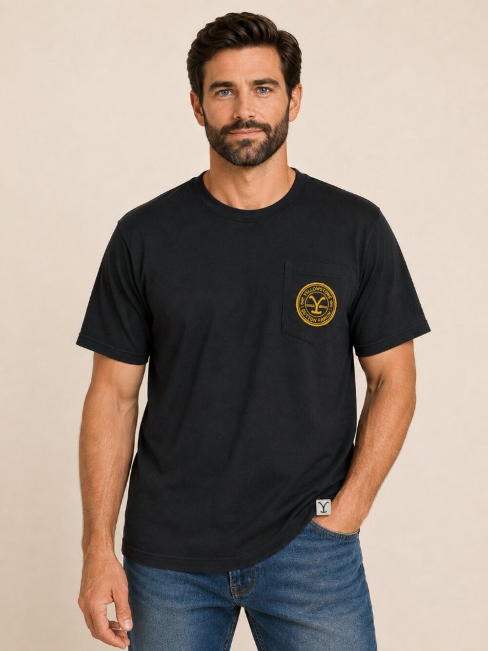 Yellowstone Logo Black T-Shirt Cotton Blend Front Pocket Size Men's Medium NEW